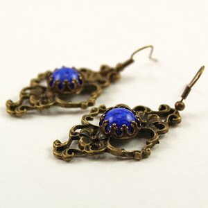 Earrings Drop Earrings Brass Jewelry Filigree Brass Czech Glass Lapis Woman Jewelry