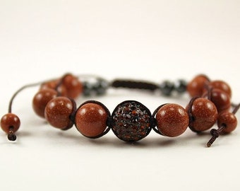 Shamballa Inspired Bracelet Goldstone Bracelet Hematite Alloy Rhinestone Beads Brown Bracelet