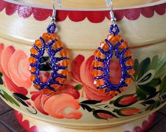 Handmade Beadwoven Women Earrings Drop Dangle Earrings Violet Orange Bicones Miyuki Delicas Any Occasion Gift Present Victorian Style