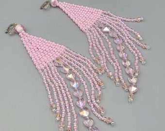 Beautiful Pink Czech Seed Beads Chandalier Earrings With Hearts
