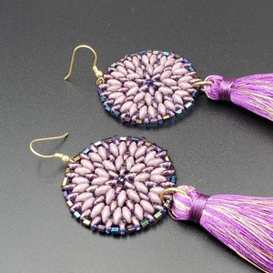 Two Color Purple Violet Beadwoven Earrings Tassels Women Jewelry Victorian Style Superduo Czech Glass Beads Drop Dangle Earrings Handmade