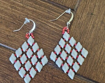 Rhombus Two Hole Beadwoven Earrings White Red Beads Women Earrings Dangle Drop Earrings Luster Beads