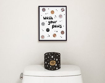 Wash Your Hands, Wash Your Paws, Bathroom Art, Animal Art