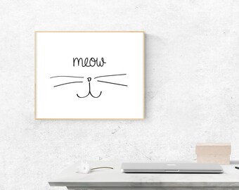 Descarga de arte de gato, "Miau", descarga instantánea, arte de gato imprimible, impresión de gato