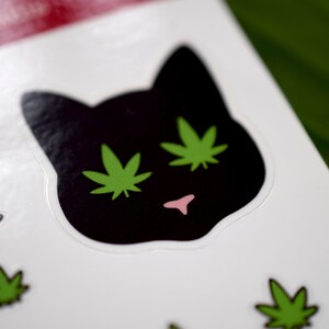Puede incluir: Pegatina de gato negro con ojos de hoja de marihuana verde. La pegatina est&aacute; sobre un fondo blanco con otras pegatinas de hoja de marihuana verde.