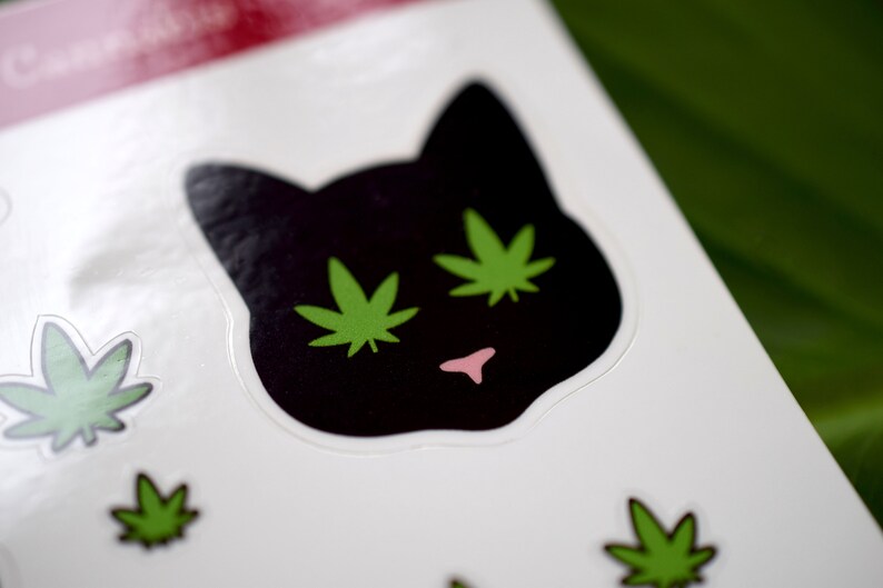 Puede incluir: Pegatina de gato negro con ojos de hoja de marihuana verde. La pegatina est&aacute; sobre un fondo blanco con otras pegatinas de hoja de marihuana verde.