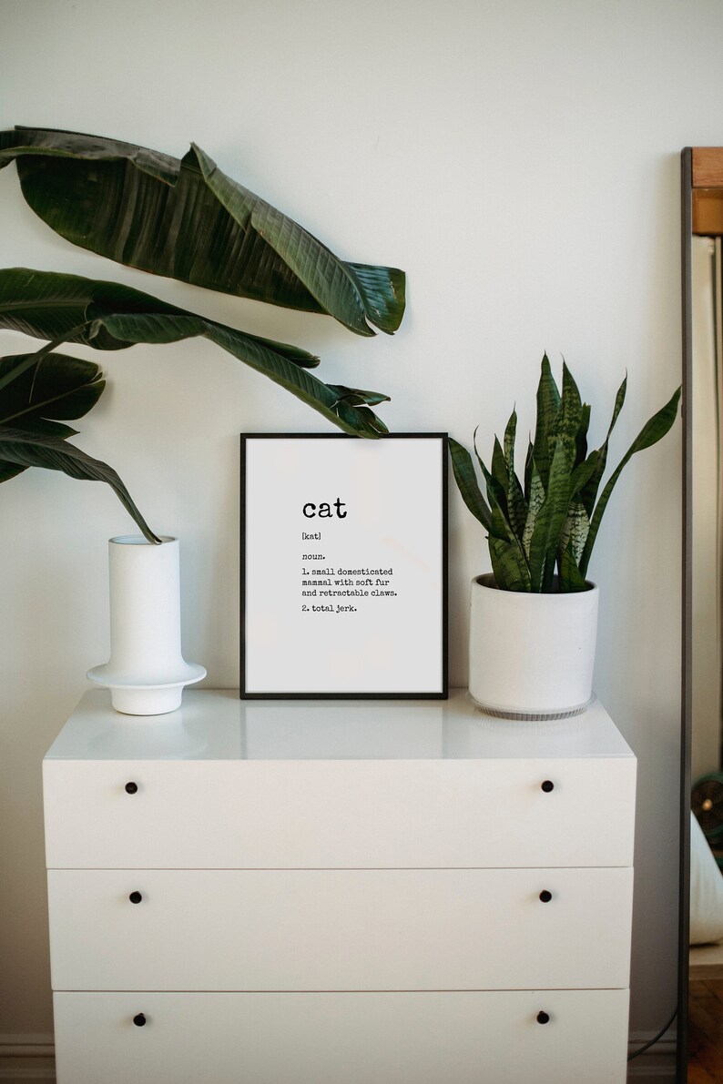 May include: A black framed print with the word "cat" in bold white letters. The definition of the word "cat" is written in smaller white letters below the word "cat". The print is sitting on a white dresser with two green plants in white pots.
