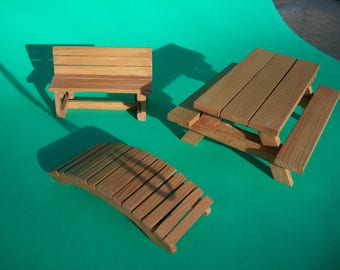 Deluxe Cedar Dollhouse Garden Set - Picnic Table, Garden Bridge, Park Bench - Natural Cedar Stain