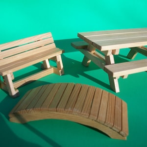 Deluxe Dollhouse Cedar Garden Set Picnic Table, Garden Bridge, Park Bench Clear Finish image 1