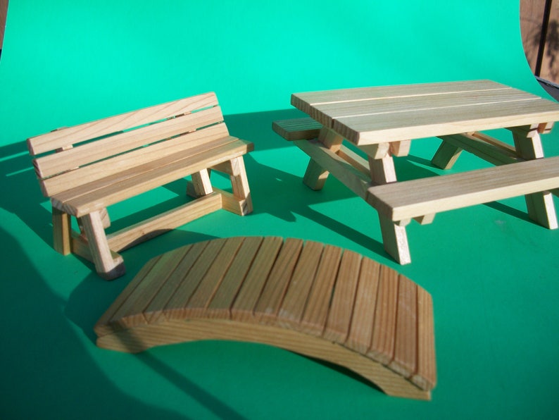 Deluxe Dollhouse Cedar Garden Set Picnic Table, Garden Bridge, Park Bench Clear Finish image 1