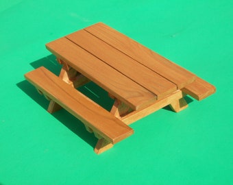 Dollhouse Miniature Cedar Wood Picnic Table with Benches - Natural Cedar Stain