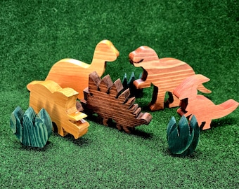 Handmade Wooden Dinosaurs - Set of 5 Dinos in Various Stains, with 2 "Plants"