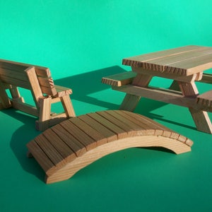 Deluxe Dollhouse Cedar Garden Set Picnic Table, Garden Bridge, Park Bench Clear Finish image 2