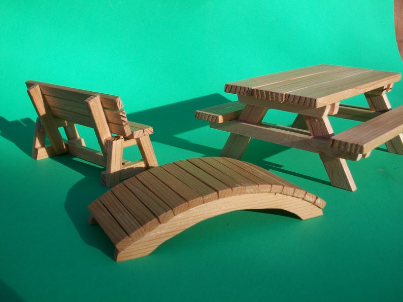 Deluxe Dollhouse Cedar Garden Set Picnic Table, Garden Bridge, Park Bench Clear Finish image 2