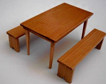 Dollhouse Miniature Wood Table with 2 Benches – Maple Finish