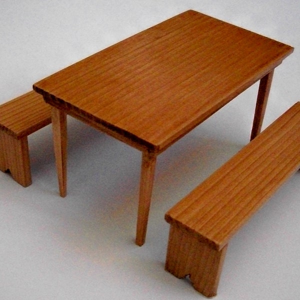 Dollhouse Miniature Wood Table with 2 Benches – Maple Finish