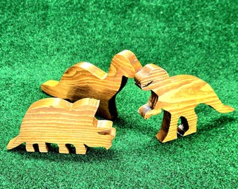 Handmade Wooden Dinosaur Set of 3 with Rustic Brown Stain