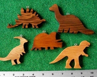 Wood Dinosaur Christmas Ornaments- 5 Piece Assortment