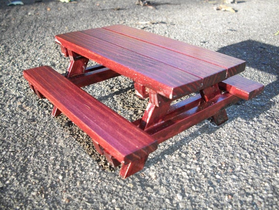 Dollhouse Miniature Cedar Wood Picnic Table With Benches Red Etsy