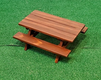 Dollhouse Miniature Cedar Wood Picnic Table with Benches - Rustic Brown Stain