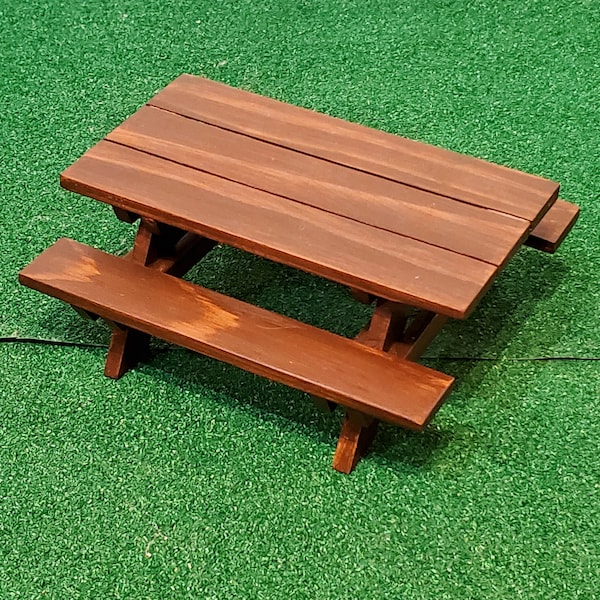 Dollhouse Miniature Cedar Wood Picnic Table with Benches - Rustic Brown Stain