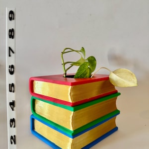 Pode incluir: Um vaso decorativo em forma de três livros empilhados. Os livros têm páginas douradas e bordas vermelhas, verdes e azuis. Uma pequena planta com folhas verdes e amarelas cresce do topo do vaso.