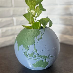 May include: A globe-shaped planter with a light blue ocean and green continents, holding a green leafy plant. The planter is 3D-printed and sits on a dark surface. A quarter is next to the planter.