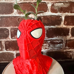 Puede incluir: Un macetero rojo impreso en 3D con forma de cabeza de Spider-Man con una pequeña planta verde que crece en la parte superior.
