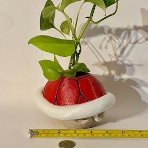 Könnte beinhalten: Ein rot-schwarzer dekorativer Pflanztopf in Form eines Koopa-Panzers mit weißem Rand und kleiner Öffnung. Der Pflanztopf enthält eine grüne Blätterpflanze. Der Topf ist etwa 10 cm breit.