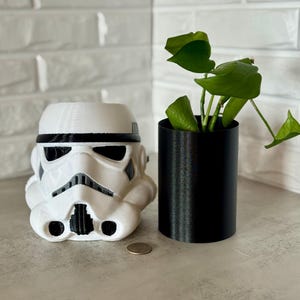 May include: A white and black Stormtrooper helmet-shaped planter next to a black cylindrical planter with a green plant. The Stormtrooper planter is 4 inches tall.