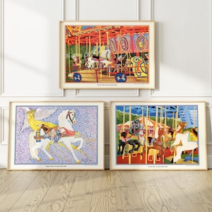 Set of 3 Carousel Horse Art Prints Wall Art Circus Hobby Horse Amusement Park, Home Decor, Childs Room, Birthday Vintage Like New 14.5X11.5