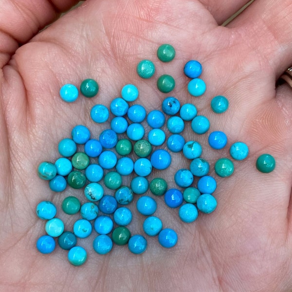 4mm Mixed Kingman Turquoise Cabochons.  Colors range from blues to greens. Out of bright grass greens.