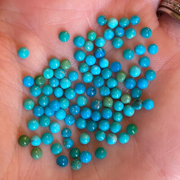 3mm Mixed Kingman Turquoise Cabochons.  Colors range from blues to greens. Out of bright grass greens.