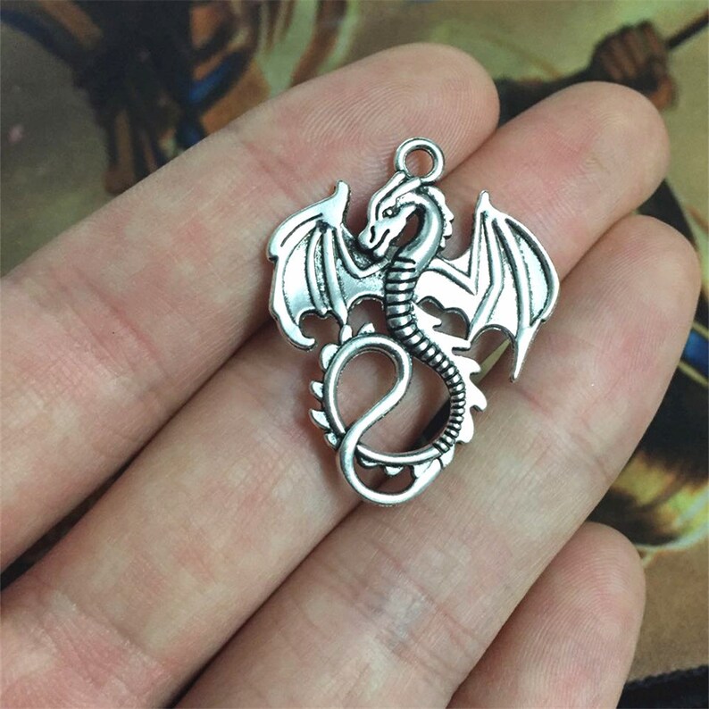 Dragon Pendant Antique Gold Tone Dragon Charm Medieval Fairy Tale 2 sided