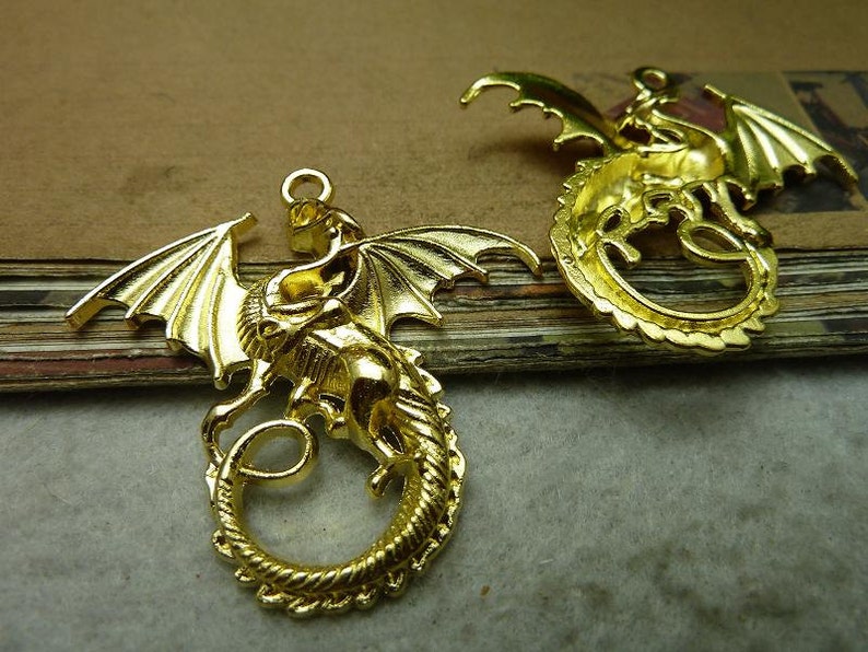Dragon Pendant Antique Gold Tone Dragon Charm Medieval Fairy Tale 2 sided
