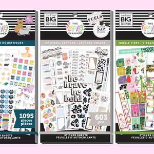 1095 pegatinas de animales, 603 de leopardo colorido y 778 de vibraciones de la jungla. Libros de pegatinas de Happy Planner Value. Hojas de pegatinas funcionales de 30 páginas. Estampados de animales.
