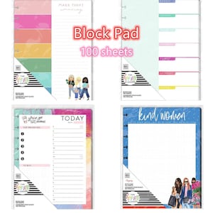Puede incluir: Cuatro blocs de notas diferentes con diseños coloridos. Uno tiene un esquema de color arcoíris, otro tiene un diseño de planificador diario, y un tercero tiene un fondo azul con las palabras "kind women". Cada bloc contiene 100 hojas.