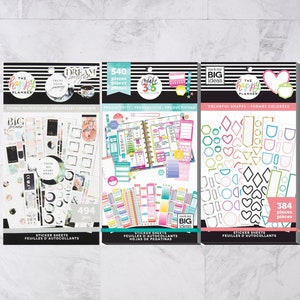 Libro de pegatinas Happy Planner: 384 formas coloridas, 540 de productividad y 494 de acuarela cósmica. Pegatinas de planificación