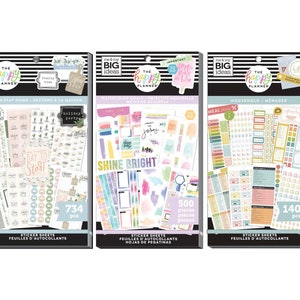 Libros de pegatinas de valor Happy Planner: 734 Let's Stay Home/500 Watercolor Goals/1403 Household - Hojas de pegatinas funcionales de 30 páginas