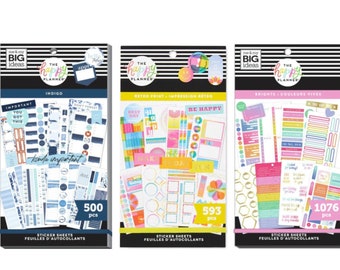 500 Indigo/ 593 Retro Print/ 1076 Brights Happy Planner Value Stickers Books-30 Pages Neutral Functional Sticker Sheets-Planning Boxes