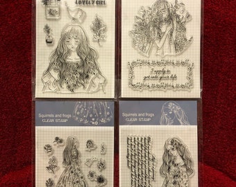 4 Options of Lovely Girl Clear Stamps Sets by Squirrels and Frogs Clear Stamps - 11 x 16cm - Coloring Stamps/Mixed Media Cute Girl