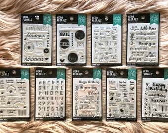 9 Options of Hero Arts Florals Cardmaking Stamps sets-3”x4”-Hero Greeting Stamps-Happy Mail/MINI Message/Send Smiles/Cross Stitch Alpha/Bday