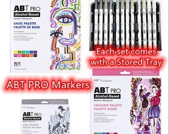 3 Options of Tombow ABT Pro Markers Palettes - Basic/Gray/Fashion - Alcohol-Based Dual Tipped Permanent Markers/Water Blend Well Markers