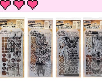 4 Option of Tim Holtz Mixed Media Stamps Stencil by Stampers Anonymous-Tiles Splotches/Doodle Bubble/Flourish Latticework/Speckles Honeycomb