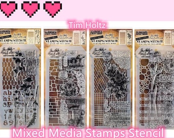 4 Option of Tim Holtz Mixed Media Stamps Stencil by Stampers Anonymous-Mesh Typo/Stone Slate/Woven Linen/Bubbles Gingham-Add Textures