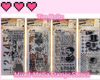 4 Option of Tim Holtz Mixed Media Stamps Stencil by Stampers Anonymous-Numbered Ringer/Grime Crackle/Halftone Digits/Plus Herringbone