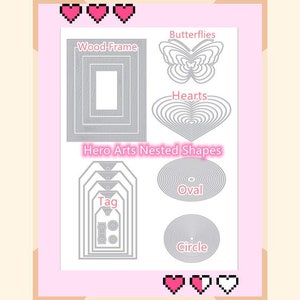 6 opciones de troqueles con forma anidada de Hero Arts Infinity: marcos de madera/mariposas/etiquetas/corazones/círculos/juegos de troqueles con forma de capas ovaladas