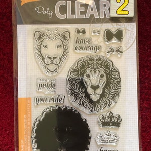 May include: A set of 4x6 inch clear stamps featuring lion illustrations and inspirational phrases like "have courage", "I take great pride in you", "you rule!" and "brave lion heart".