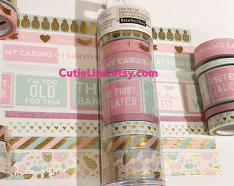 9 Rolls Uptown Washi Tubes by Recollections - Michaels Pink and Gold Foil Washi - Girly Feelings/Pineapple/Flamingo/Inspirational Quotes