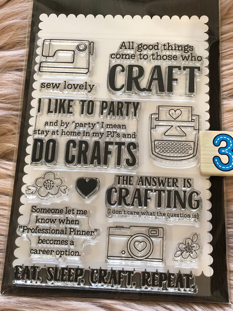 7 Options of Echo Park Designer Stamps sets Let Love Bloom/Candy/Eat Sleep Craft/Snowflakes/Pennant/Glasses/Words Background Stamps 3- Eat Sleep Craft